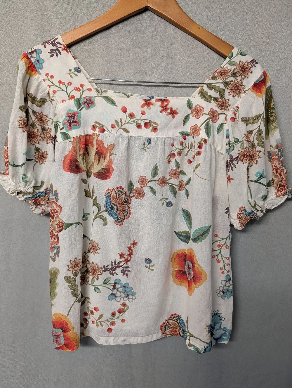 Johnny Was Ekru Ardell Puff Sleeve Floral Square-Neck Blouse Size XS